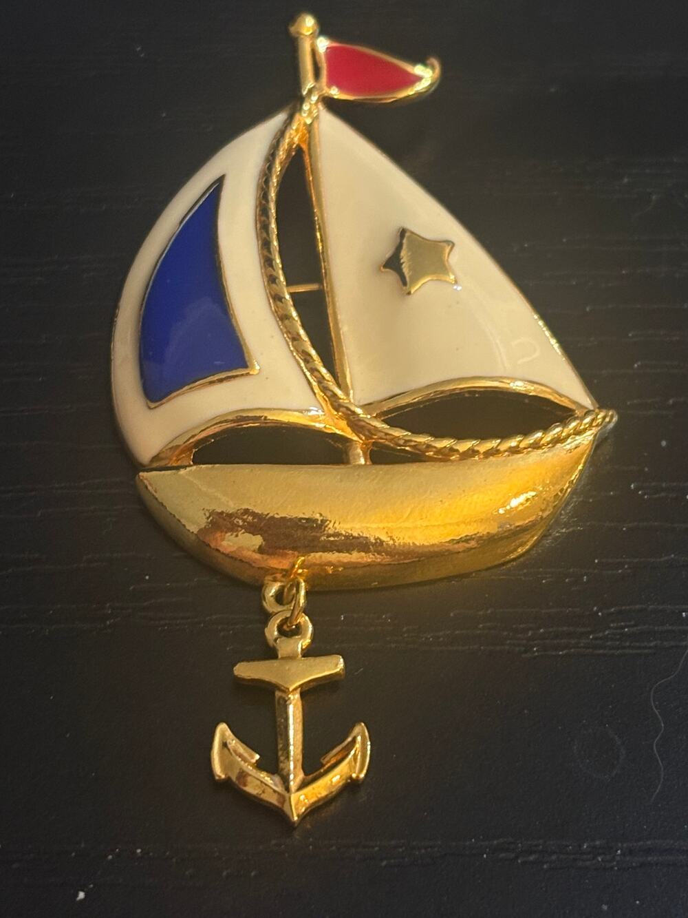 Vintage Avon Sailboat Brooch Enamel Dangling Anchor